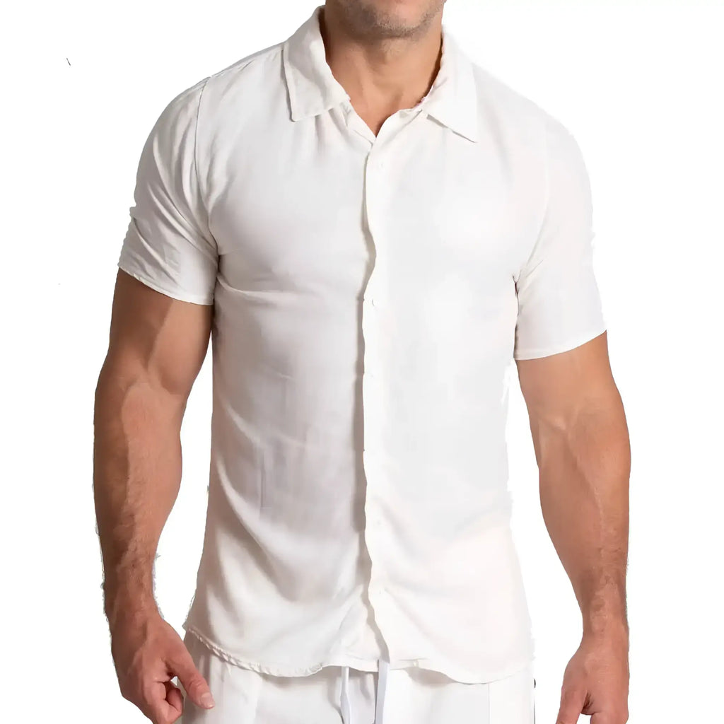 White short-sleeved button-up shirt with classic collar and subtle texture from gigo chalis beige shirt collection