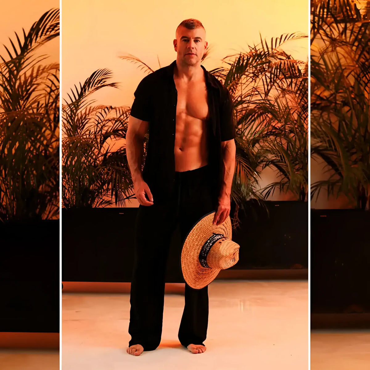 A woven straw hat with a dark blue band paired with gigo chalis black pants for a stylish summer look