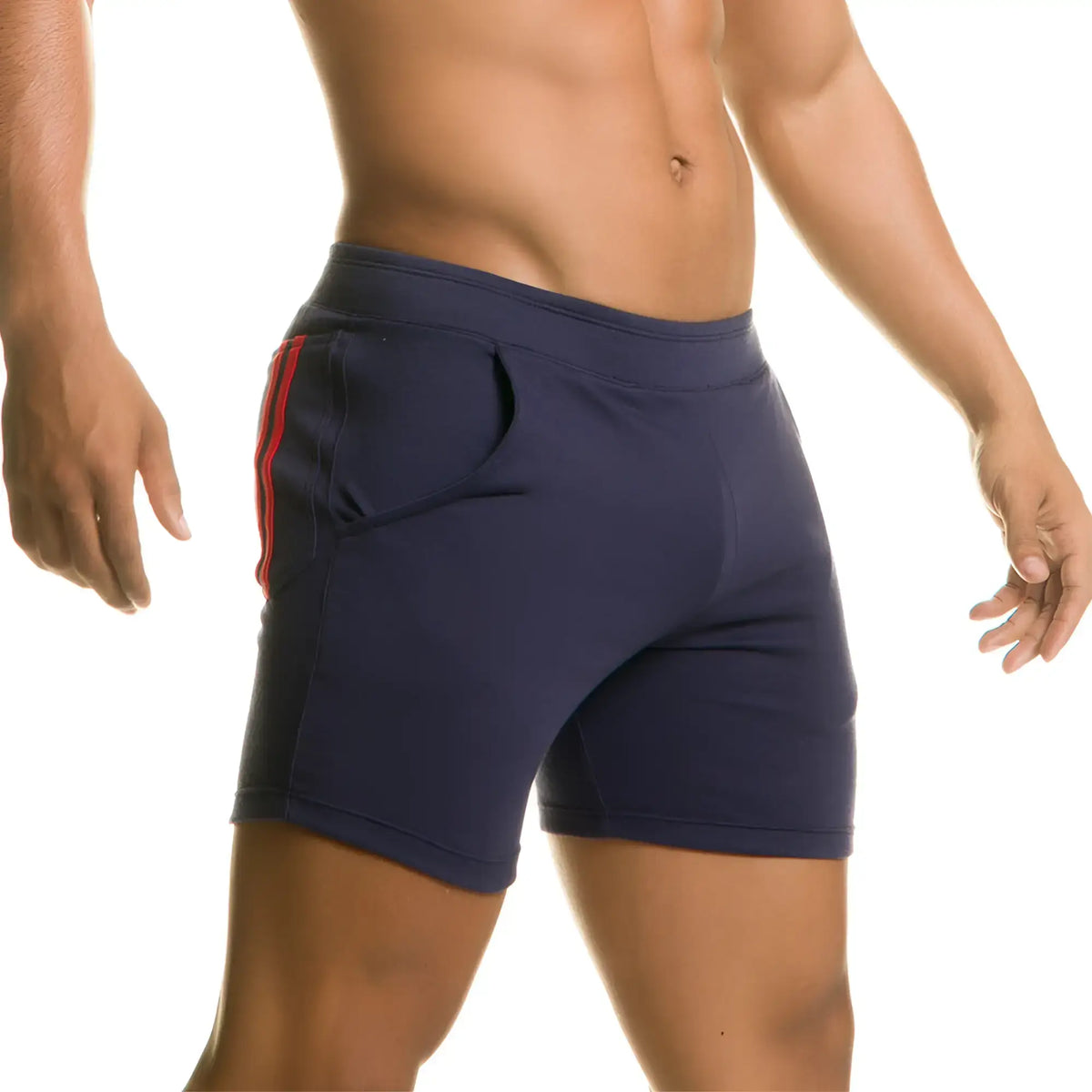 Navy blue athletic shorts with red side stripes and front pocket designed for active wear gigo chari blue short