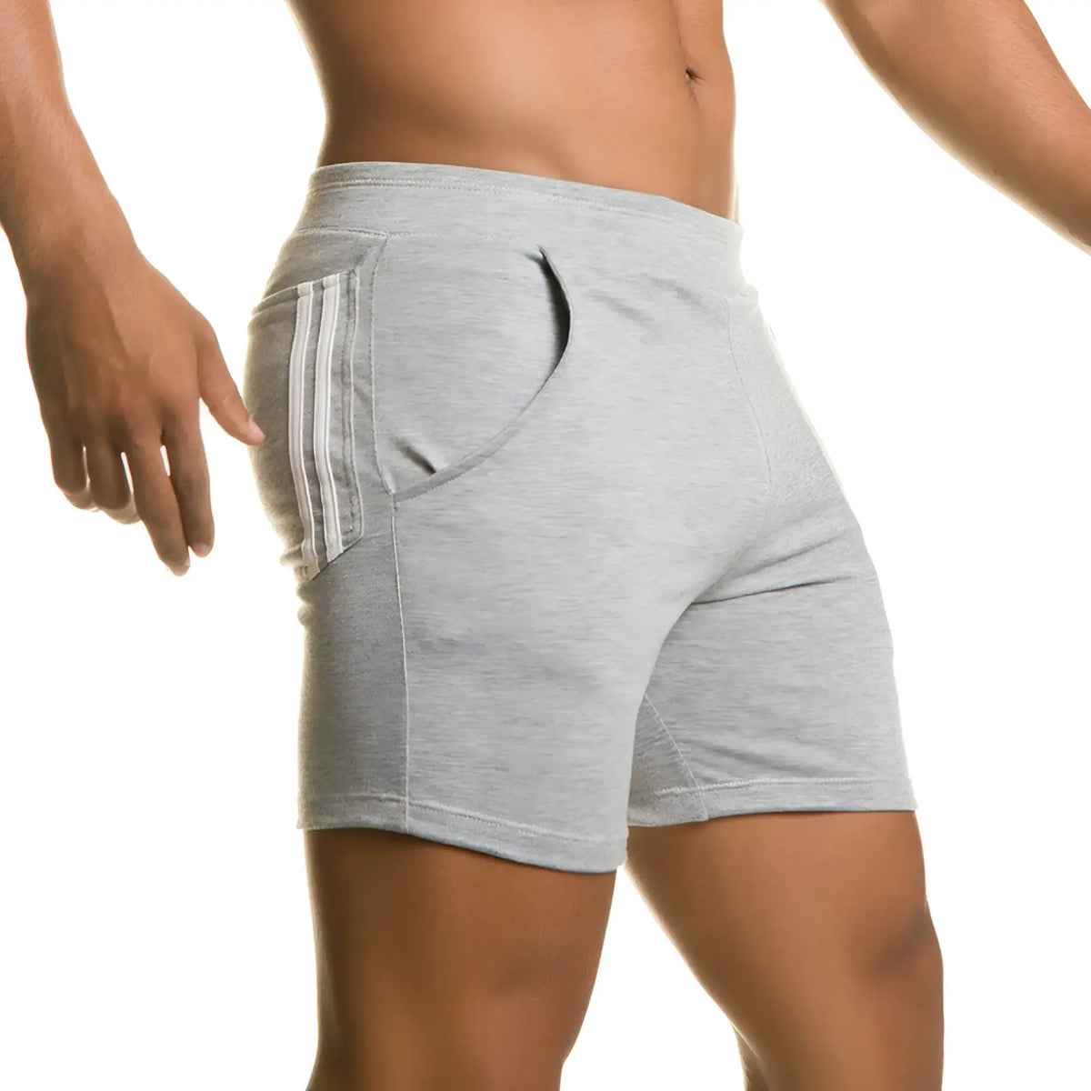 Gray heathered gigo chari athletic shorts with three white stripes down the side for active wear