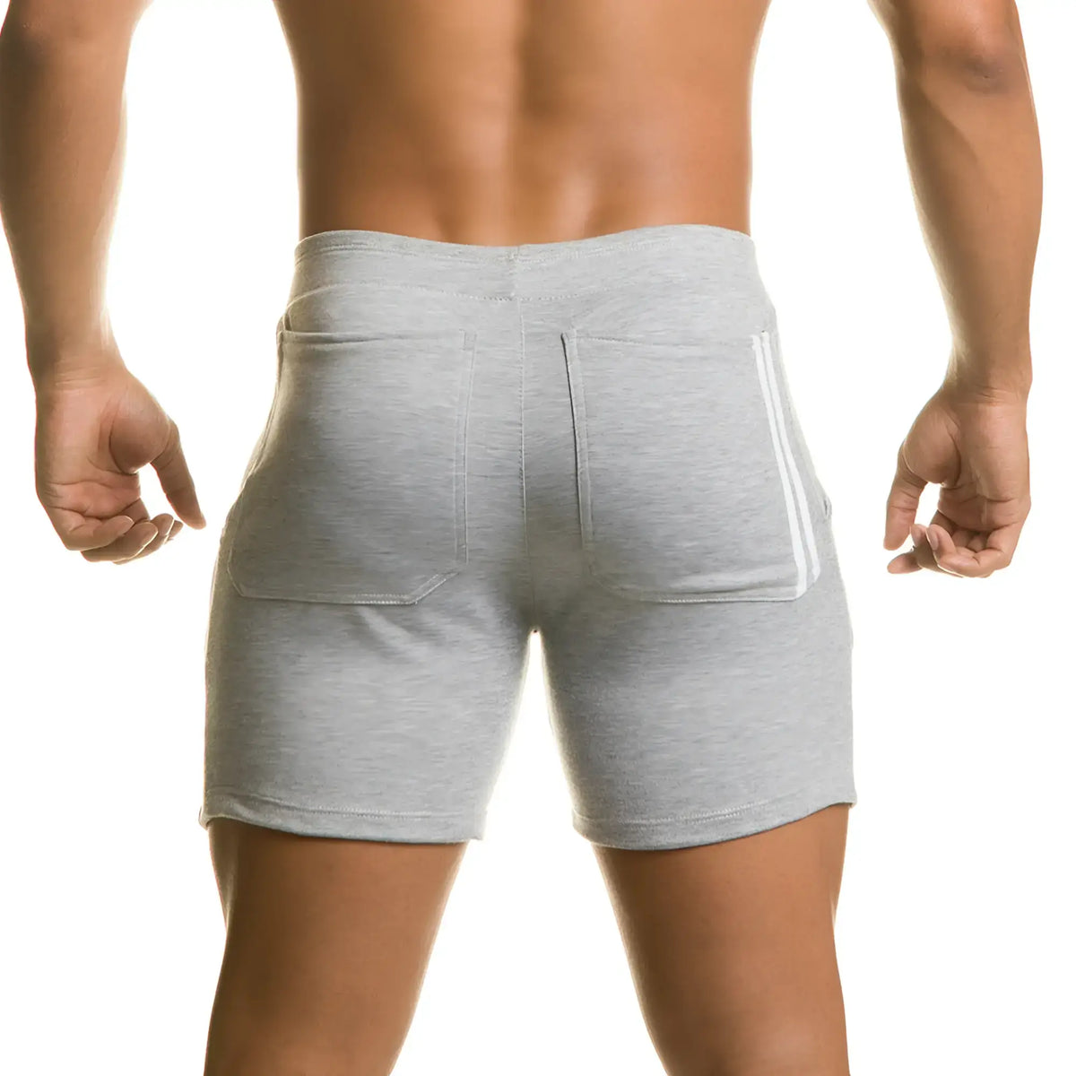 Gigo chari gray short gray heathered athletic shorts with white side stripes and back pockets showing back side