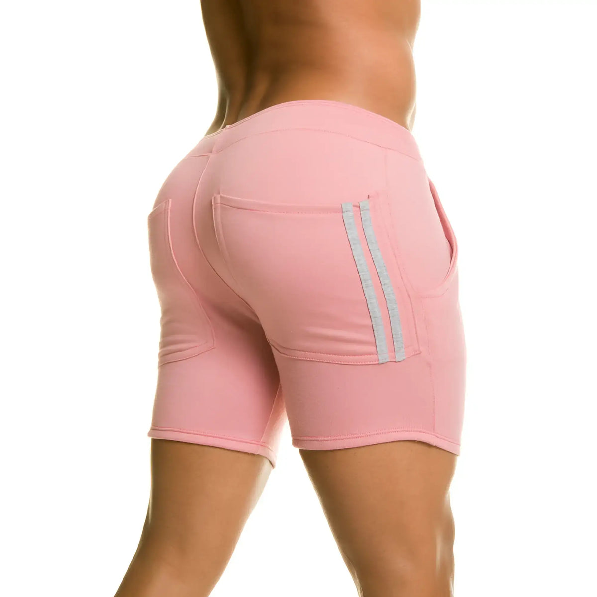 Back side of gigo chari pink short ribbed textured athletic shorts with two vertical gray stripes on the pocket