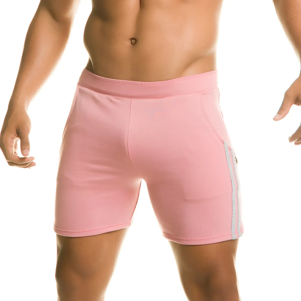 Gigo chari pink short with a snug fit, light gray vertical stripes on side seams, and matching elastic waistband