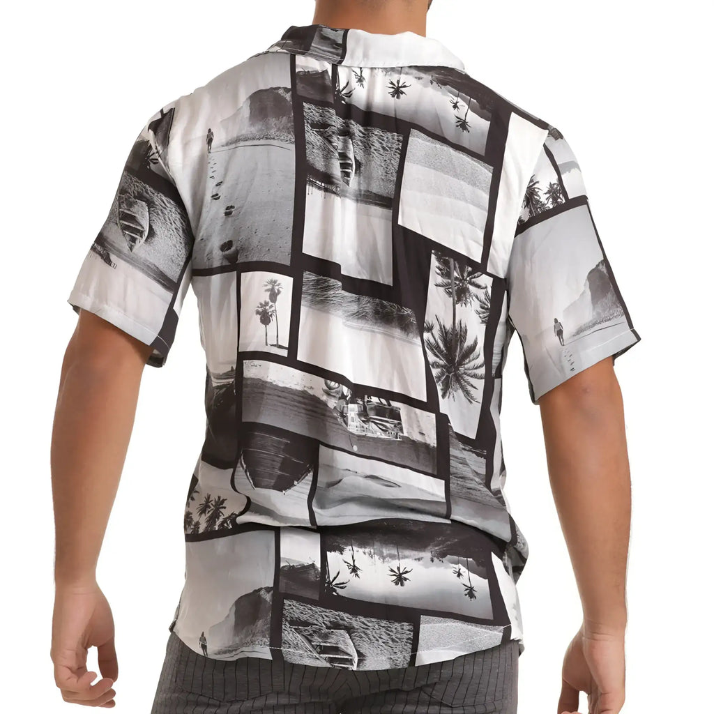 Gigo Charles shirt short-sleeved hawaiian shirt with black and white beach scene collage and bold patchwork design