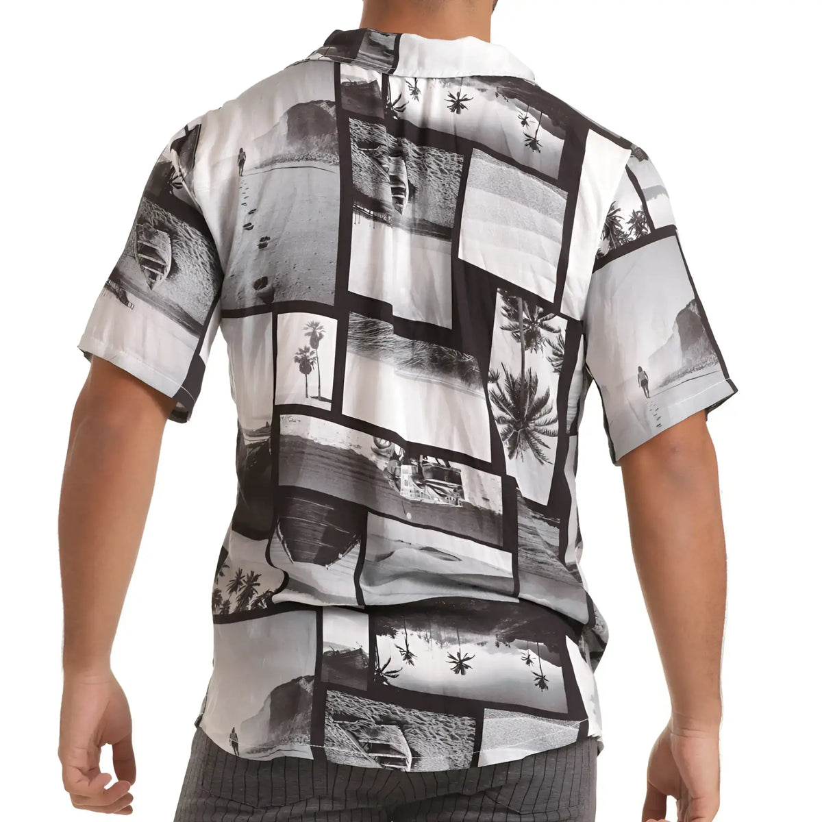 Gigo Charles shirt short-sleeved hawaiian shirt with black and white beach scene collage and bold patchwork design