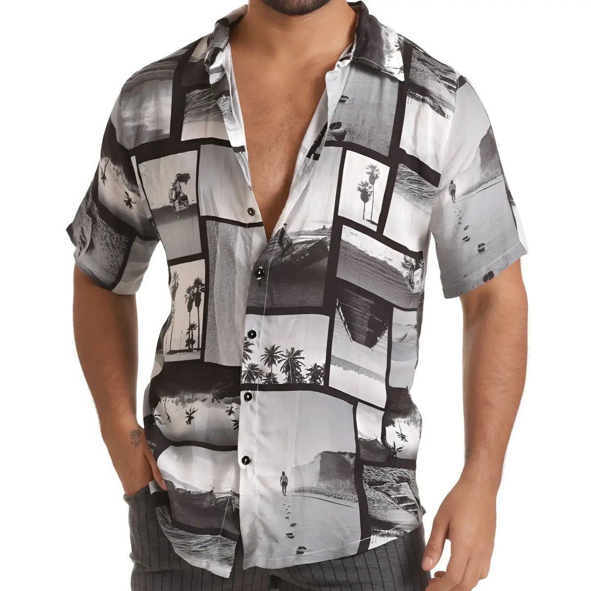 Black and white photographic collage print short-sleeved button-up shirt from gigo charles collection