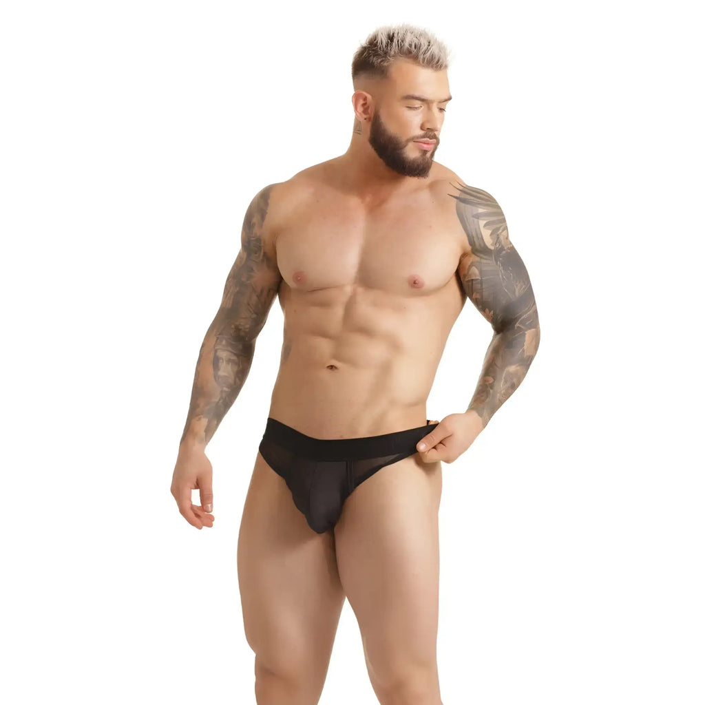 Black mesh briefs with solid black waistband from gigo clandestine brief collection showing front side detail