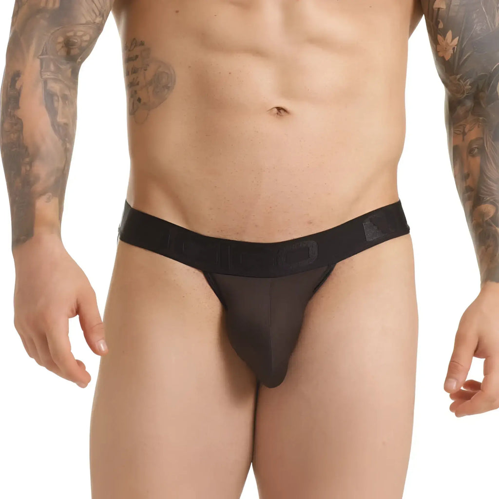 Black mesh thong brief with solid black waistband and subtle branding from Gigo Clandestine collection