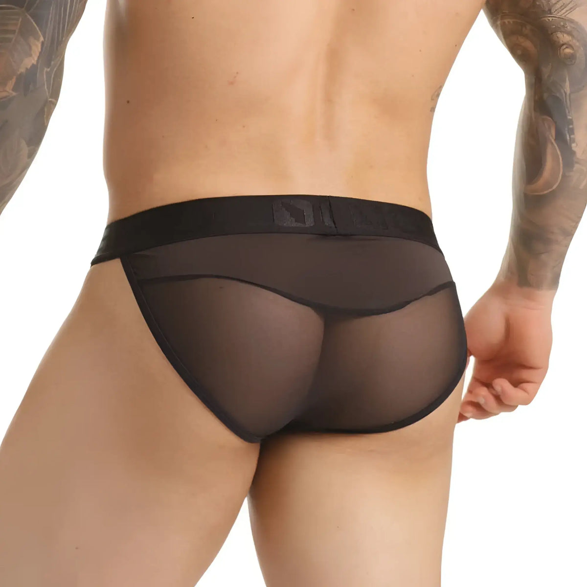 Black sheer mesh briefs with a solid black waistband from gigo clandestine brief collection