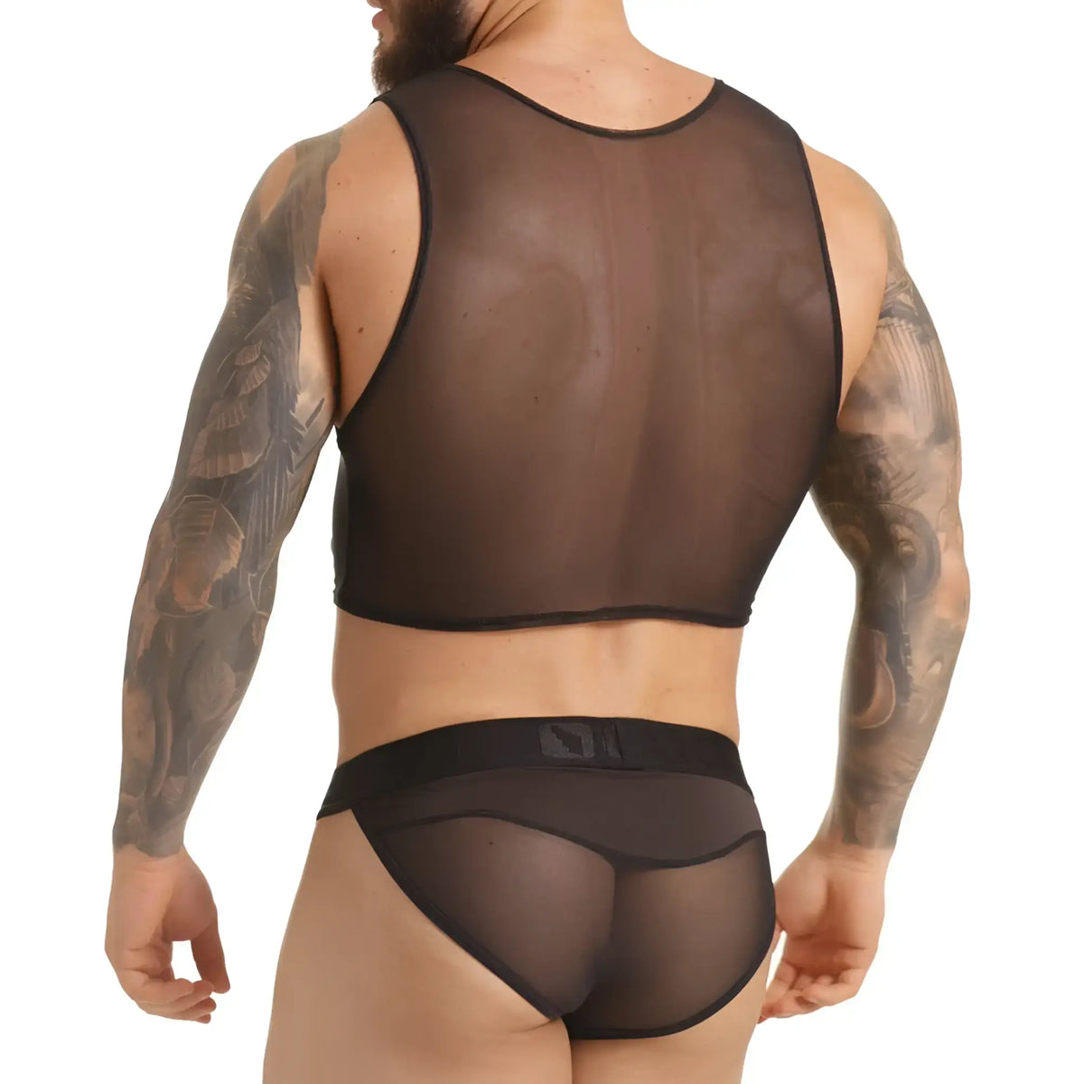 Black sheer mesh tank top with black trim and matching sheer briefs from gigo clandestine croop top set