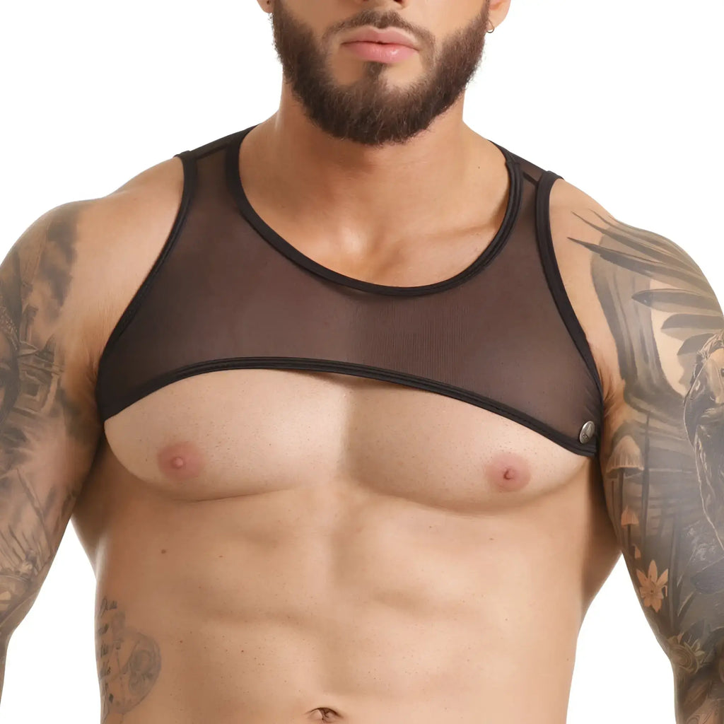 Black sheer mesh tank top with black trim and side button closure from gigo clandestine harness collection