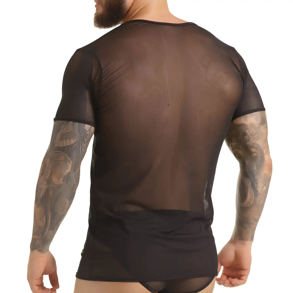 Black sheer mesh short-sleeved gigo clandestine tshirt with rounded neckline and fitted silhouette