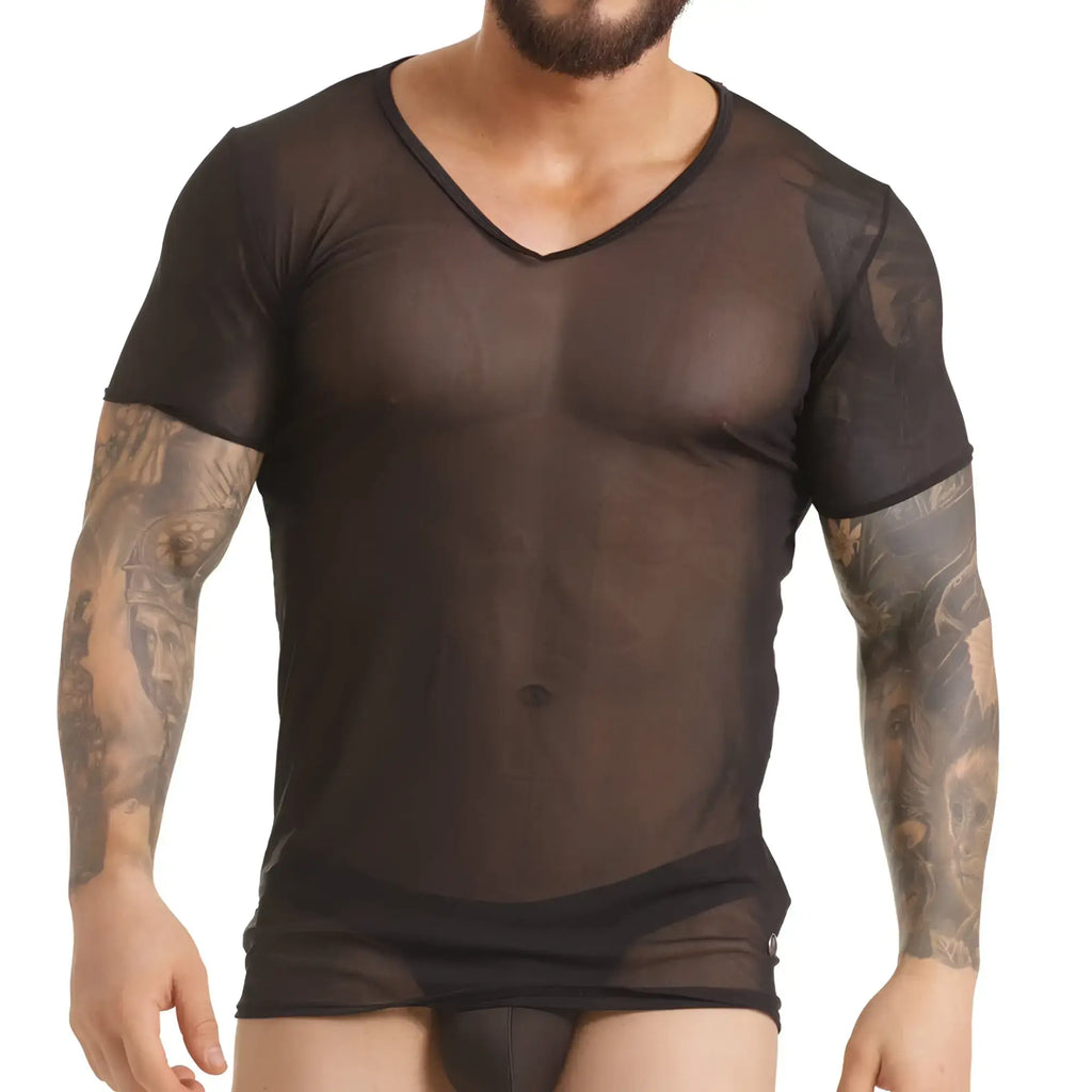 Black sheer v-neck short-sleeved Gigo Clandestine tshirt made of translucent stretchy fabric