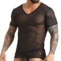 Black sheer mesh v-neck t-shirt with short sleeves and subtle tattoo-style graphic print gigo clandestine tshirt