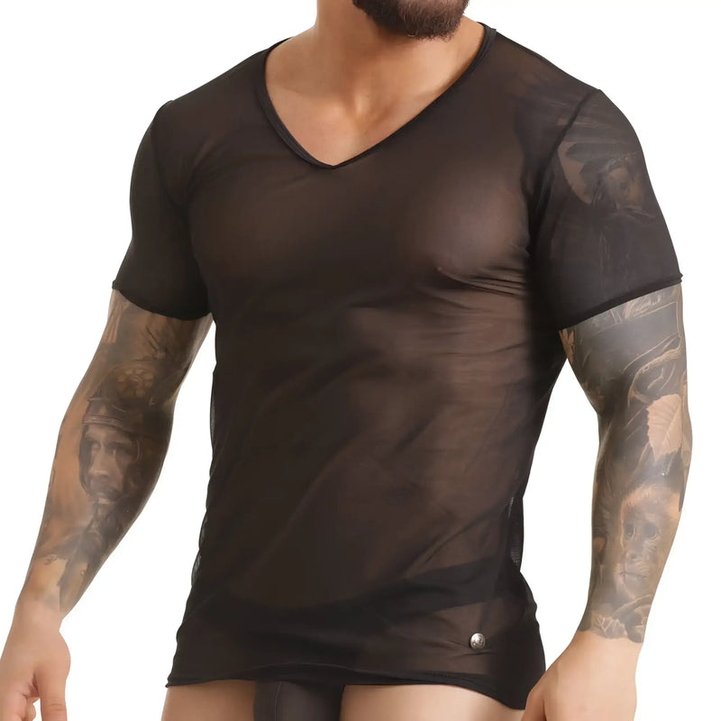 Black sheer mesh v-neck t-shirt with short sleeves and subtle tattoo-style graphic print gigo clandestine tshirt