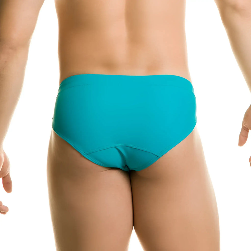 A vibrant turquoise gigo classic blue swim brief with smooth form-fitting design for swimming and beach use