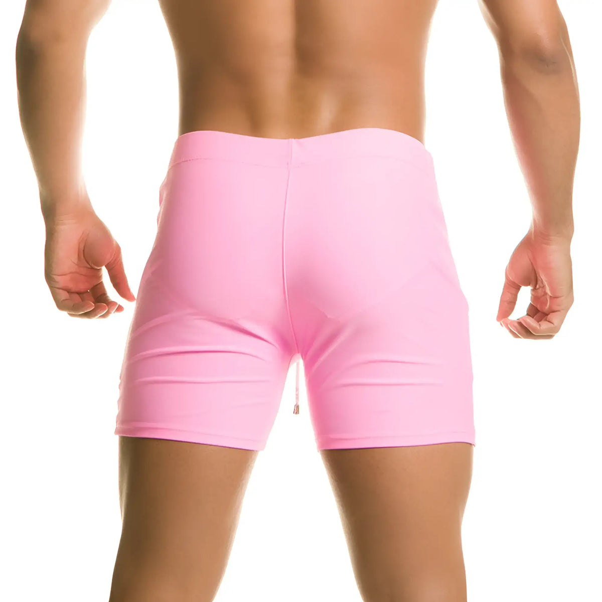 Pink athletic shorts with smooth form-fitting fabric and small back zipper from gigo classic pink beachwear collection