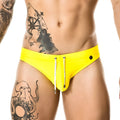 Gigo classic yellow swim brief with bright yellow fabric white drawstrings and a black side button for swimming use