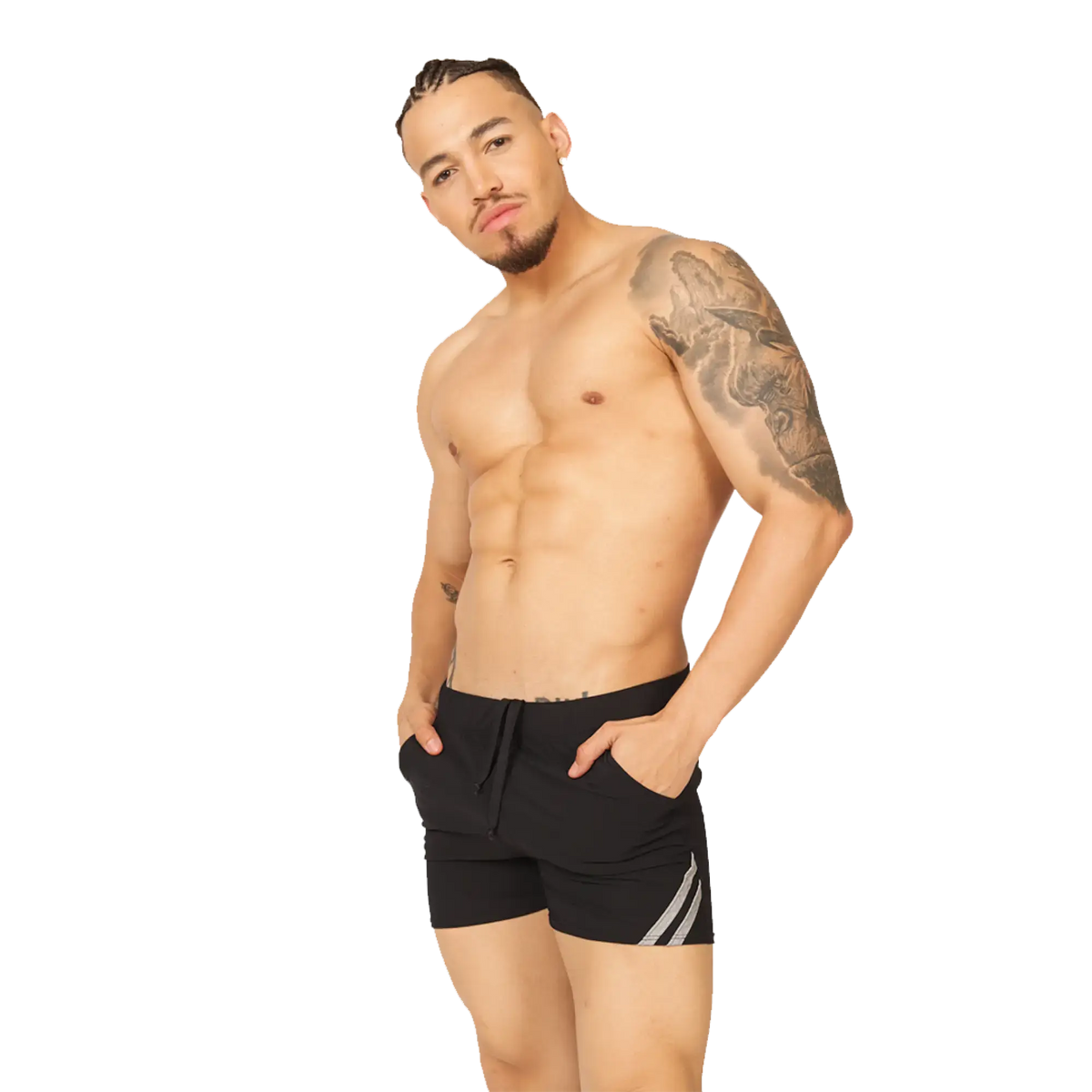 Gigo Club black athletic shorts with gray diagonal stripes on the side designed for sports and casual wear