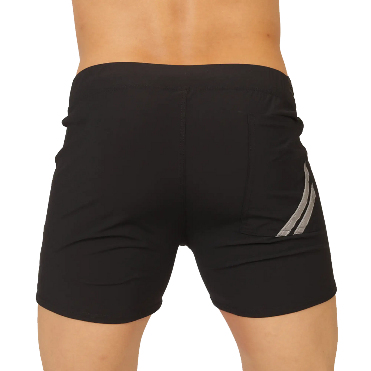 Gigo Club black short with sleek form-fitting design and subtle gray diagonal stripes on the side made for athletes