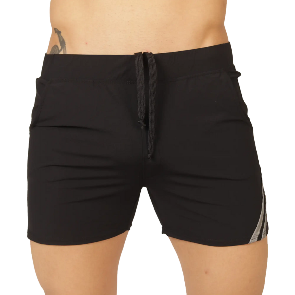 Gigo Club black athletic shorts with drawstring waistband and subtle gray side stripes for active wear