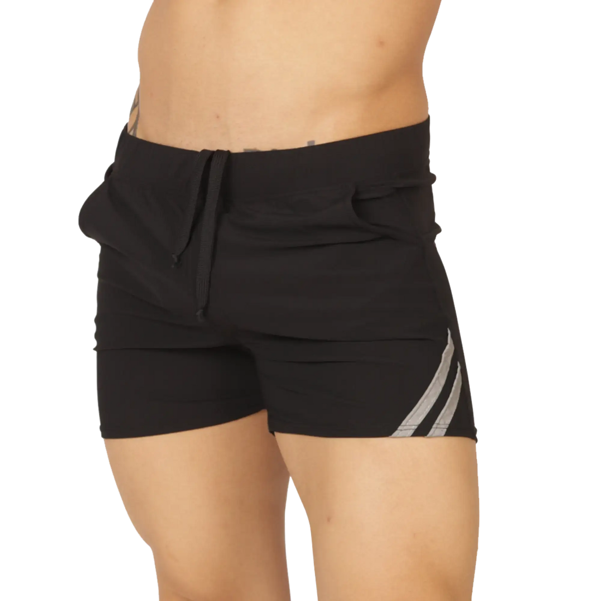 Gigo Club black athletic shorts with drawstring waistband and two diagonal silver stripes on the side