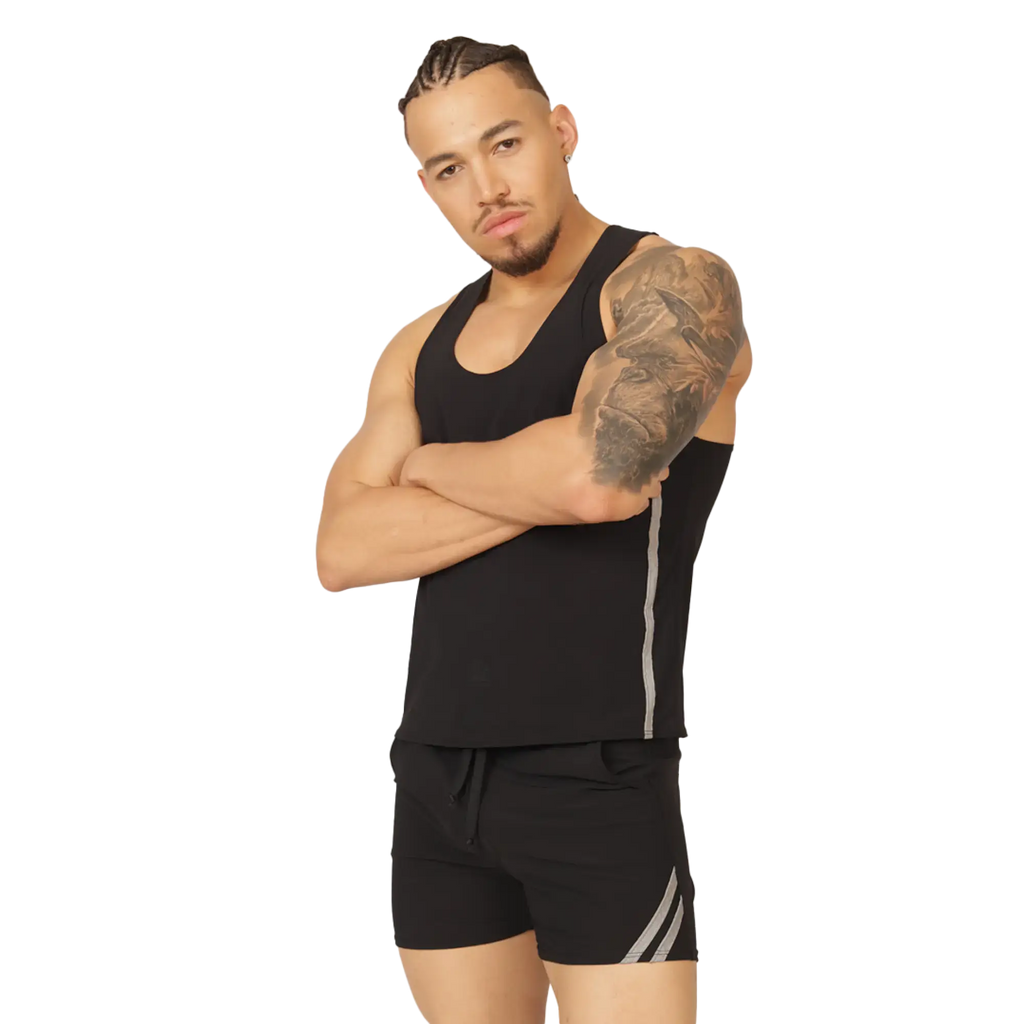 Black athletic tank top gigo club with gray side stripes designed for activewear and breathable comfort