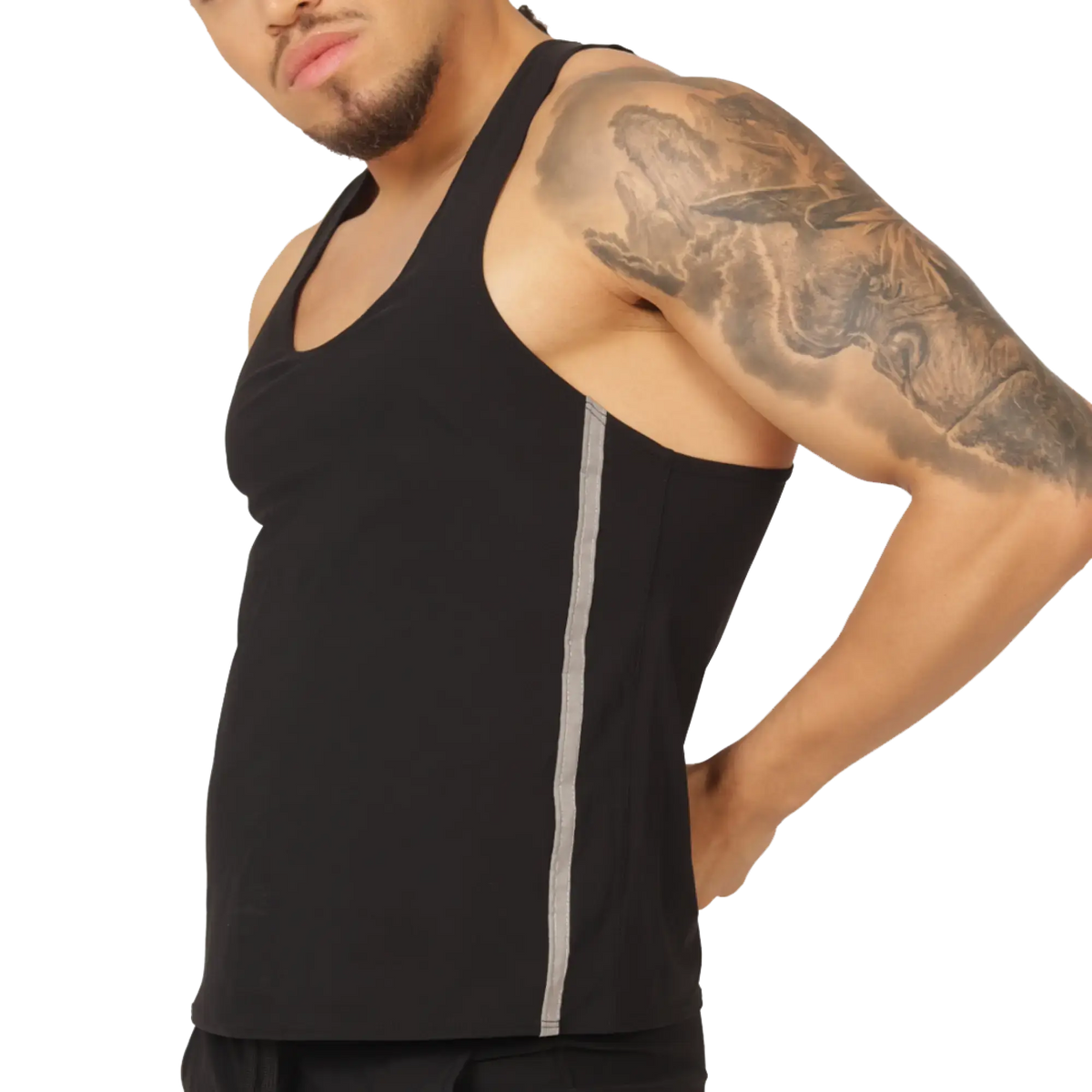 Gigo Club black athletic tank top with a vertical gray stripe down the side for workout and casual wear