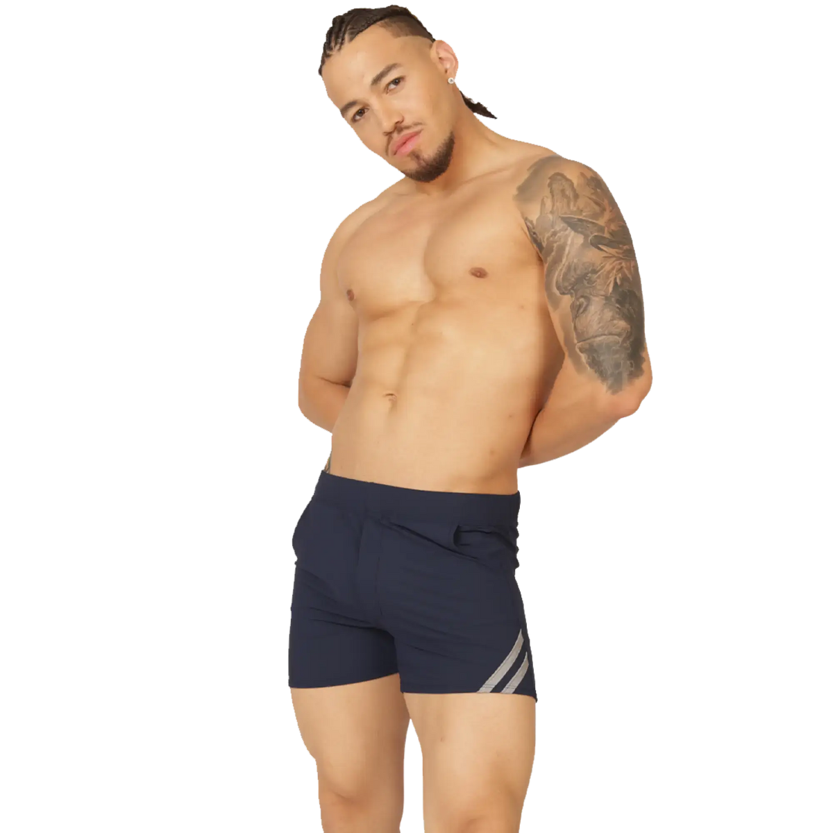Navy blue gigo club athletic shorts with two gray diagonal stripes on the side for activewear use