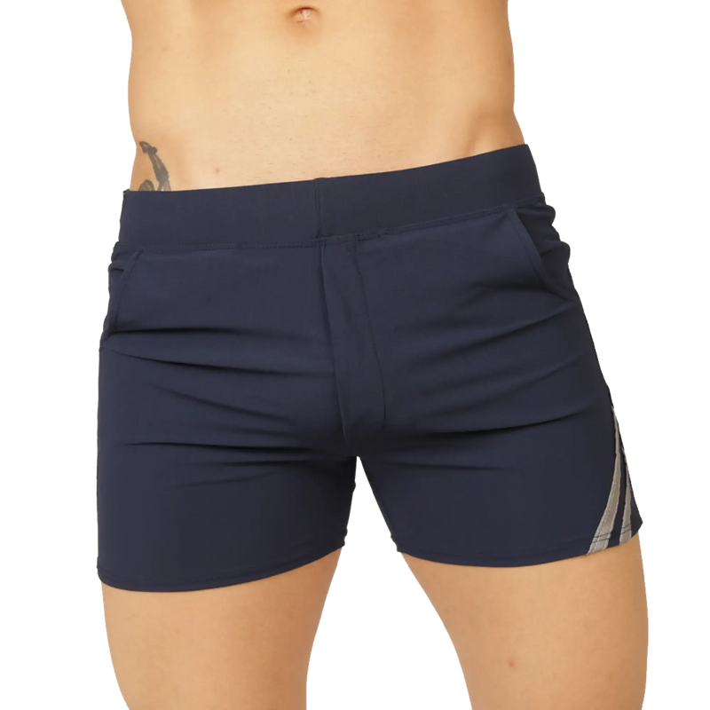 Navy blue gigo club blue short swim trunks with subtle gray and white striped side panel for casual swimming