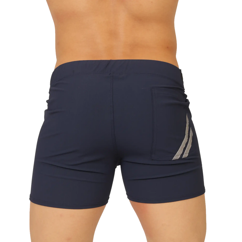 Navy blue Gigo Club athletic shorts with a subtle gray diagonal stripe on the side pocket for sportswear use