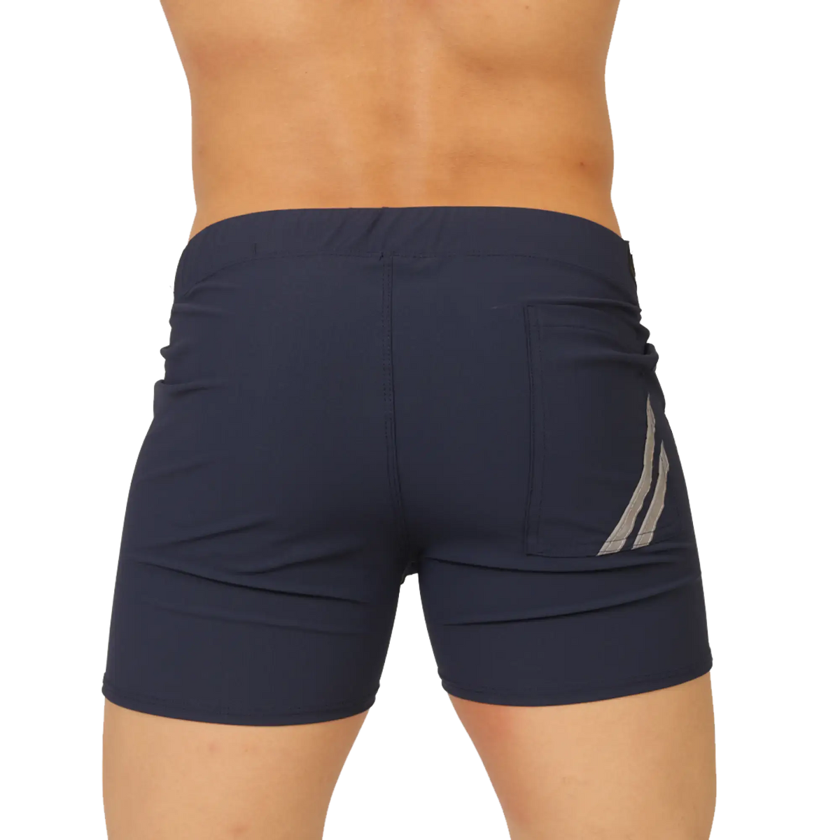 Navy blue Gigo Club athletic shorts with a subtle gray diagonal stripe on the side pocket for sportswear use