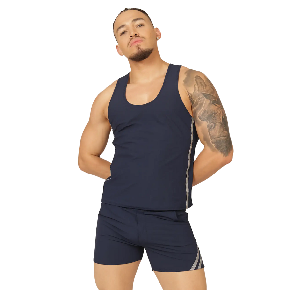 Navy blue athletic tank top with gray side stripes designed for active wear from Gigo Club blue tank collection