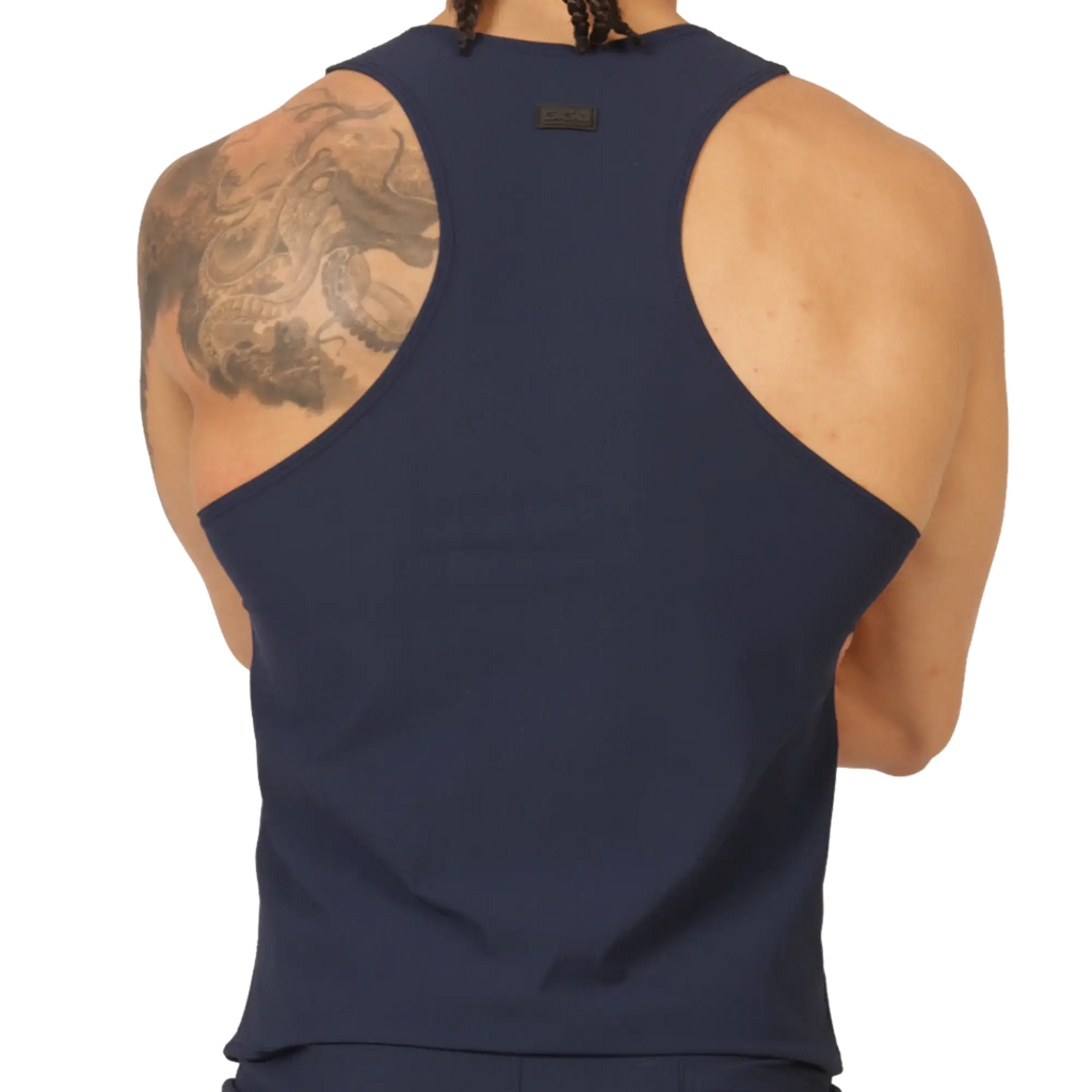 Navy blue sleeveless athletic tank top with a sleek form-fitting design and subtle back seam detail from Gigo Club