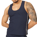 Navy blue sleeveless tank top with gray side stripes by gigo club made from breathable fabric for active wear