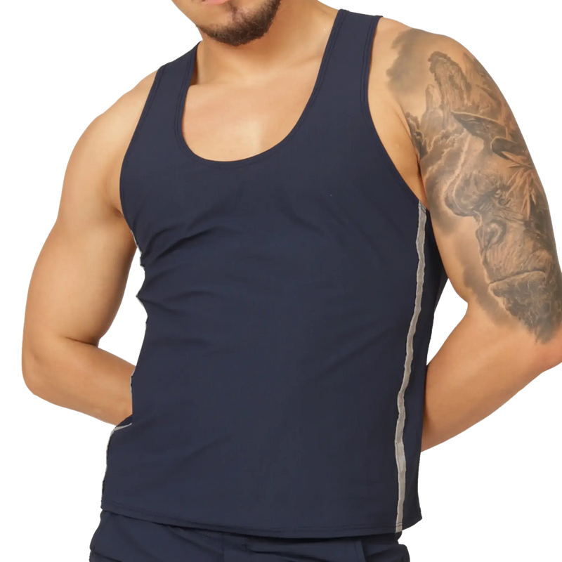 Navy blue sleeveless tank top with gray side stripes by gigo club made from breathable fabric for active wear