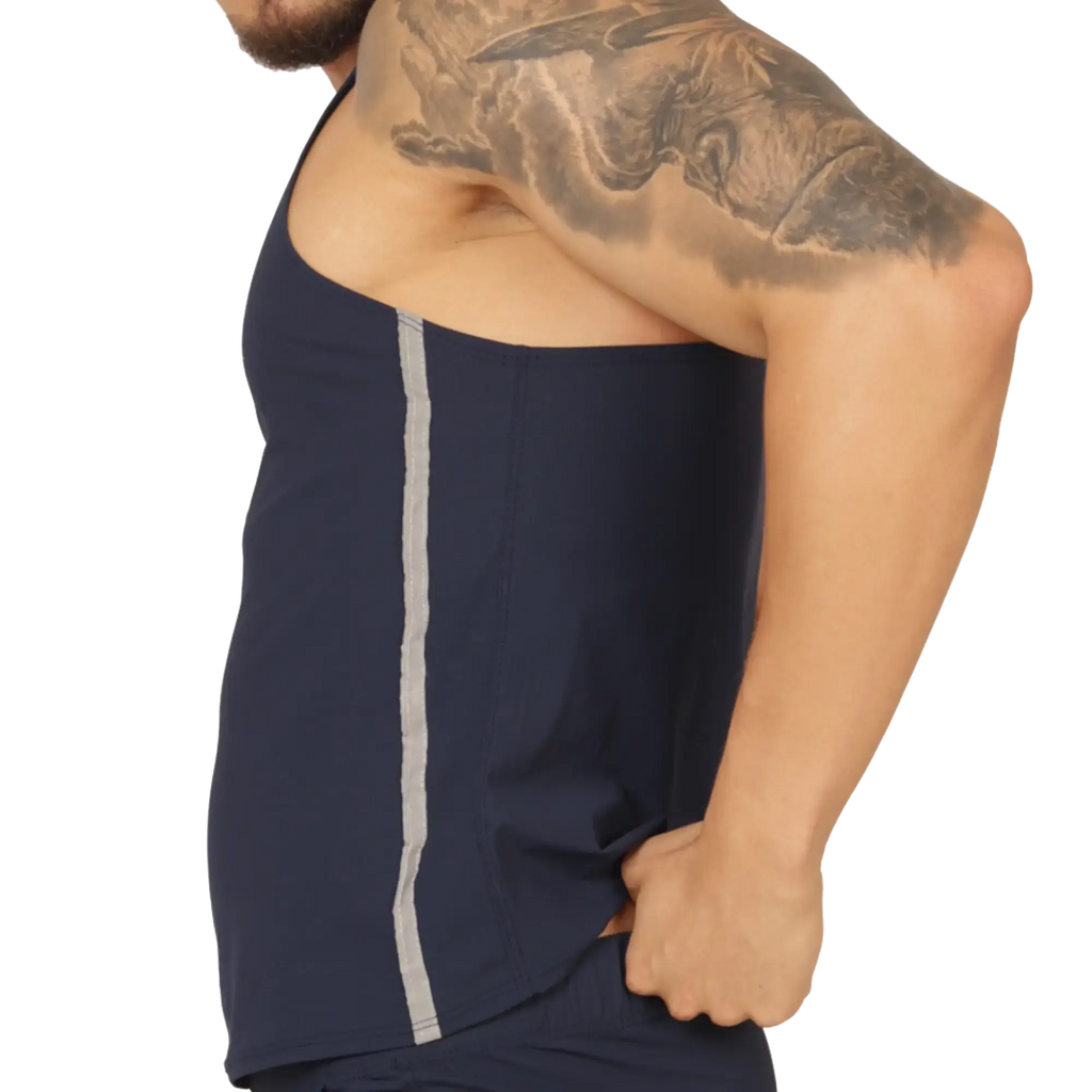 Navy blue Gigo Club athletic tank top with vertical silver stripe down the side for active wear