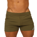 Olive green gigo club athletic shorts with snug fit and subtle white side stripes for active wear