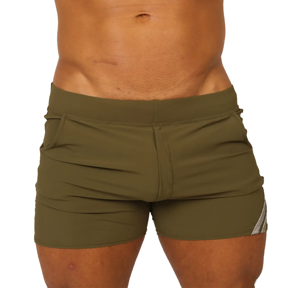 Olive green gigo club athletic shorts with snug fit and subtle white side stripes for active wear