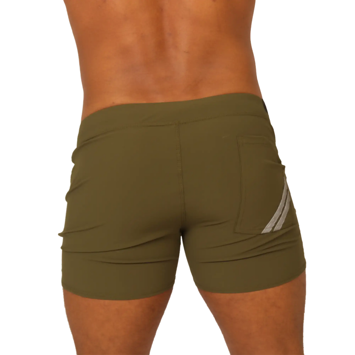 Olive green gigo club athletic shorts featuring a subtle white diagonal stripe on the side pocket for casual wear