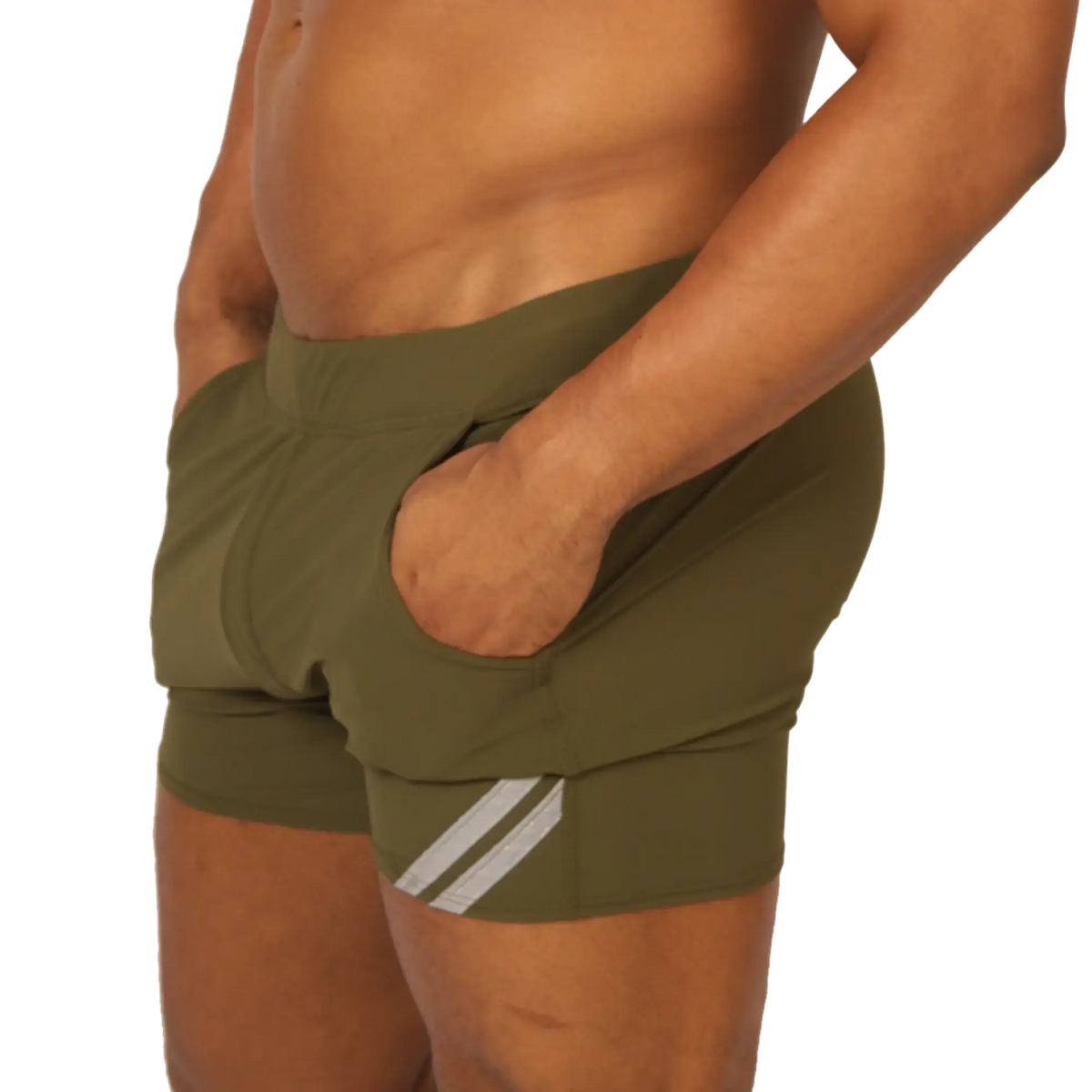 Olive green gigo club athletic shorts with white diagonal side stripes designed for active wear