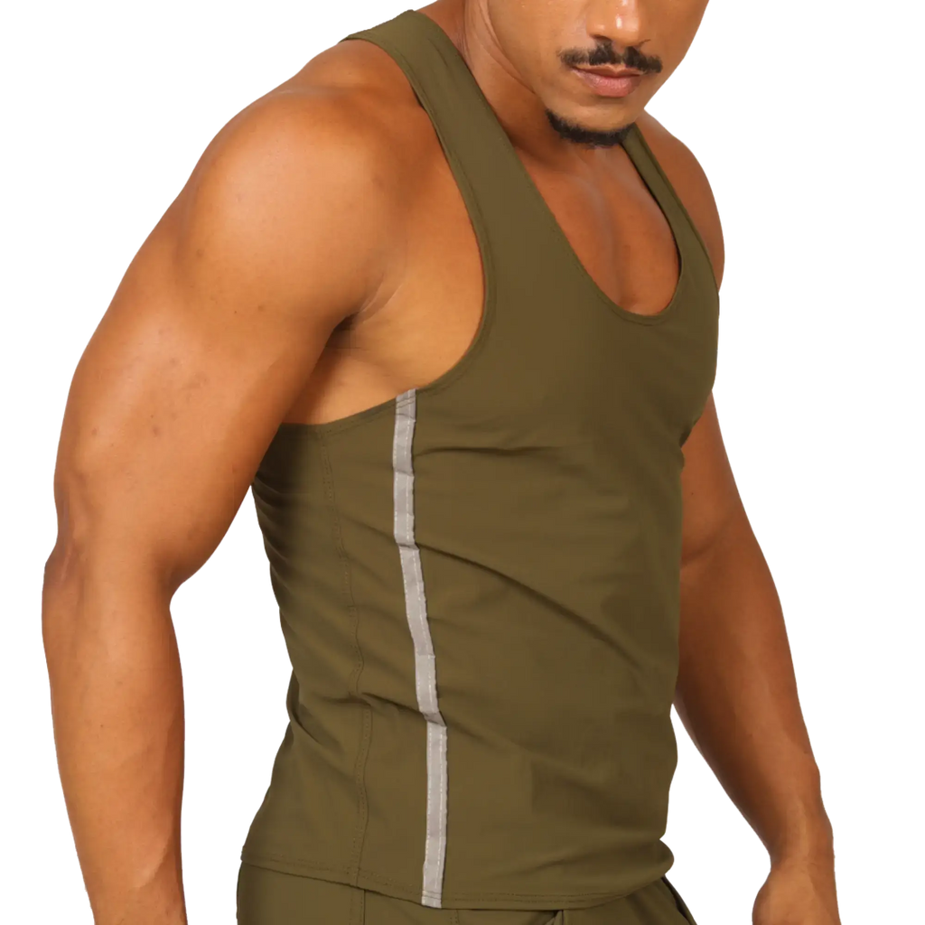 Olive green gigo club athletic tank top with a vertical silver stripe down the side for workout wear