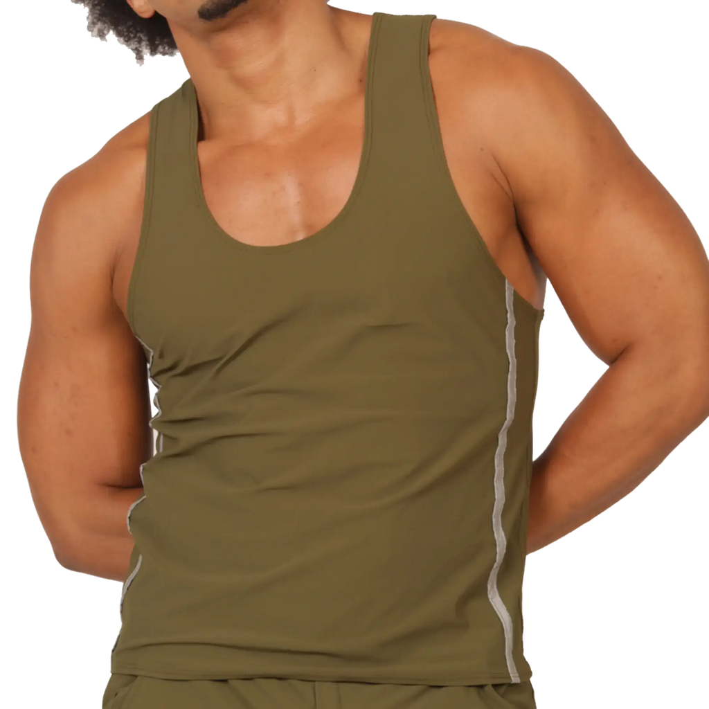 Olive green gigo club athletic tank top with white side stripes designed for active wear
