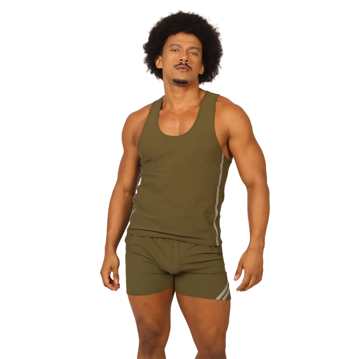 Olive green gigo club athletic tank top with white side stripes designed for activewear and comfort