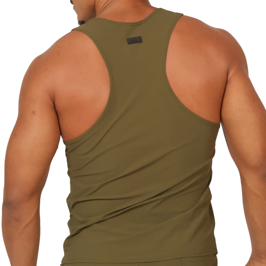 Gigo Club green tank olive green racerback tank top with sleek form-fitting design and black brand tag at neckline