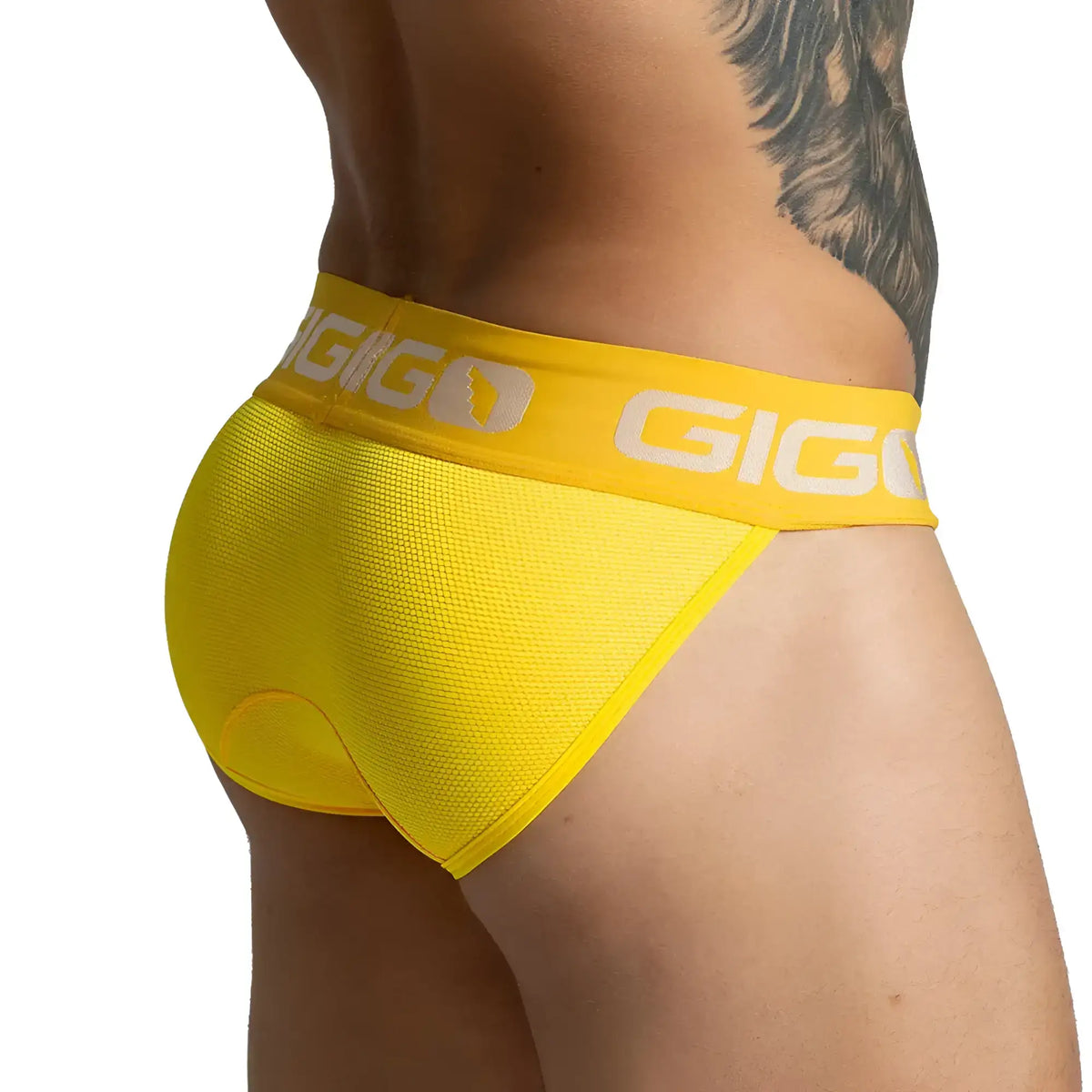 Bright yellow gigo colours brief with textured fabric and white logo on waistband for comfortable everyday wear