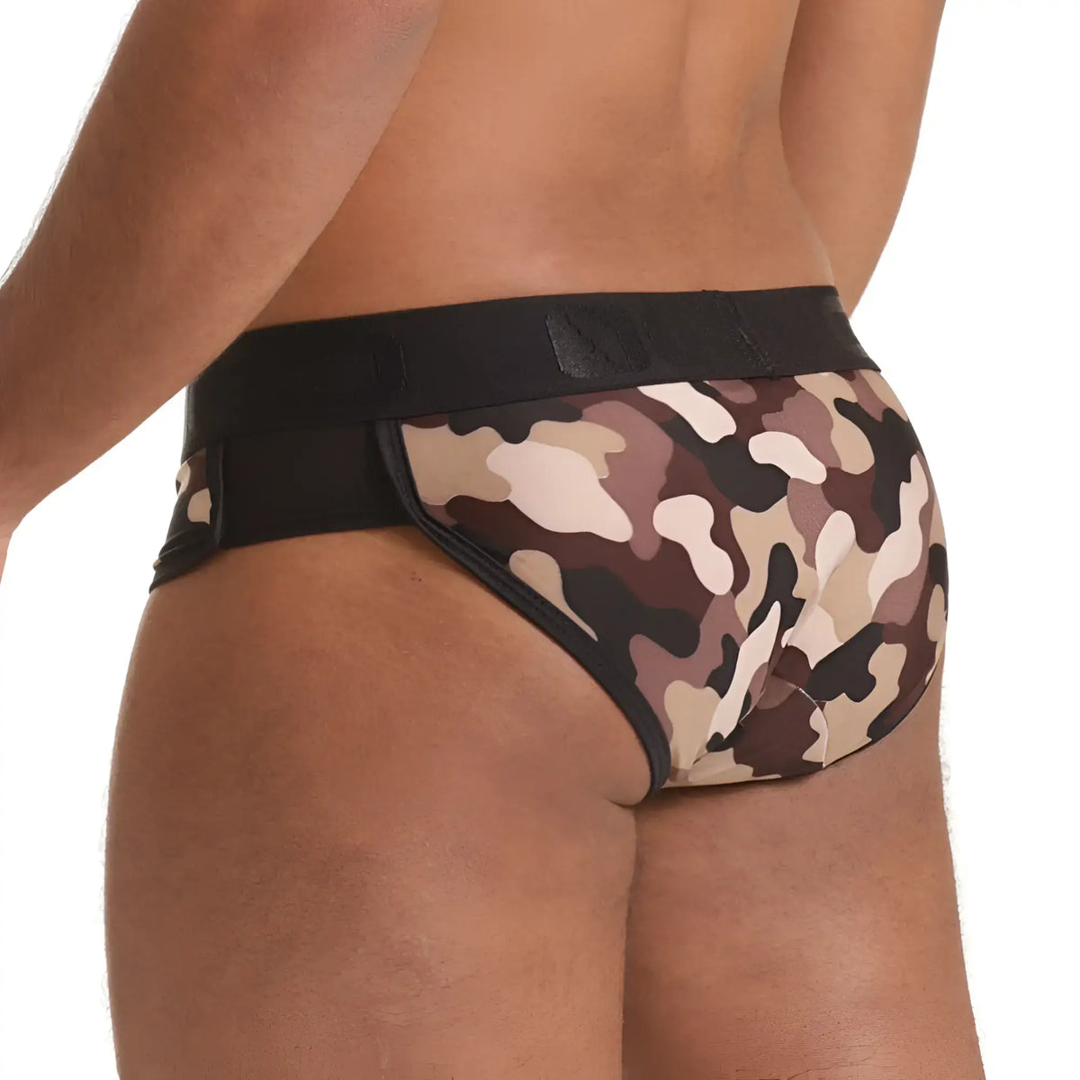 Gigo combat brown brief featuring brown and beige camouflage pattern with black elastic waistband in front view