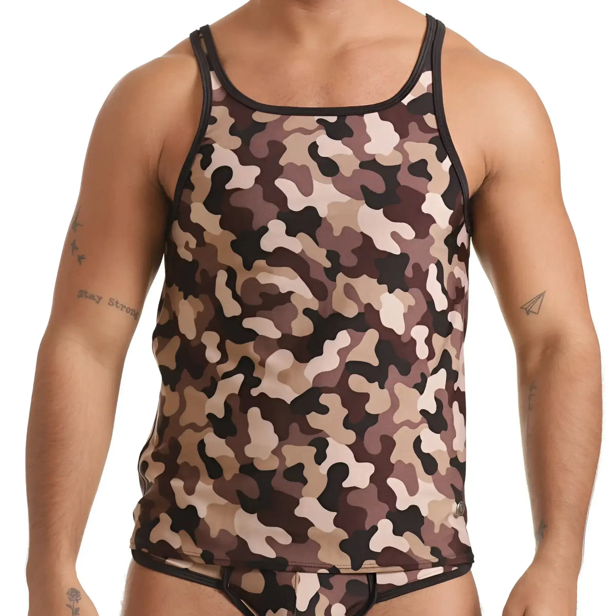 Gigo combat brown tank brown beige camouflage tank top with black trim designed for casual wear
