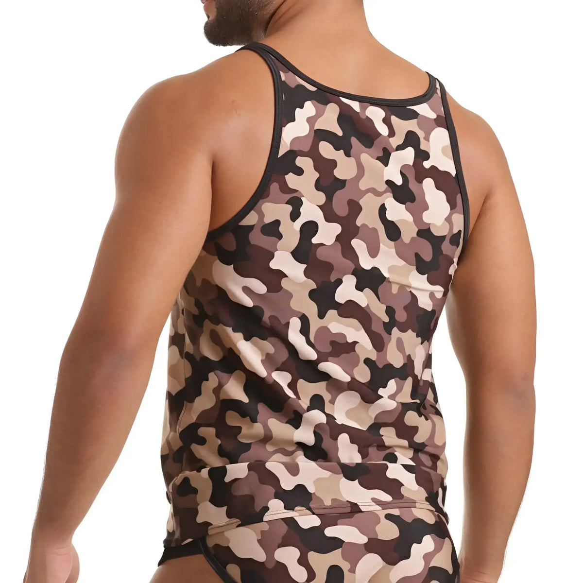 Gigo Combat Brown Tank fitted tank top with brown black and beige camouflage pattern for active wear