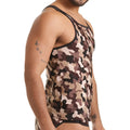 A menÃ¢â‚¬â„¢s gigo combat brown tank camouflage tank top with black trim and brown beige dark gray splotches pattern